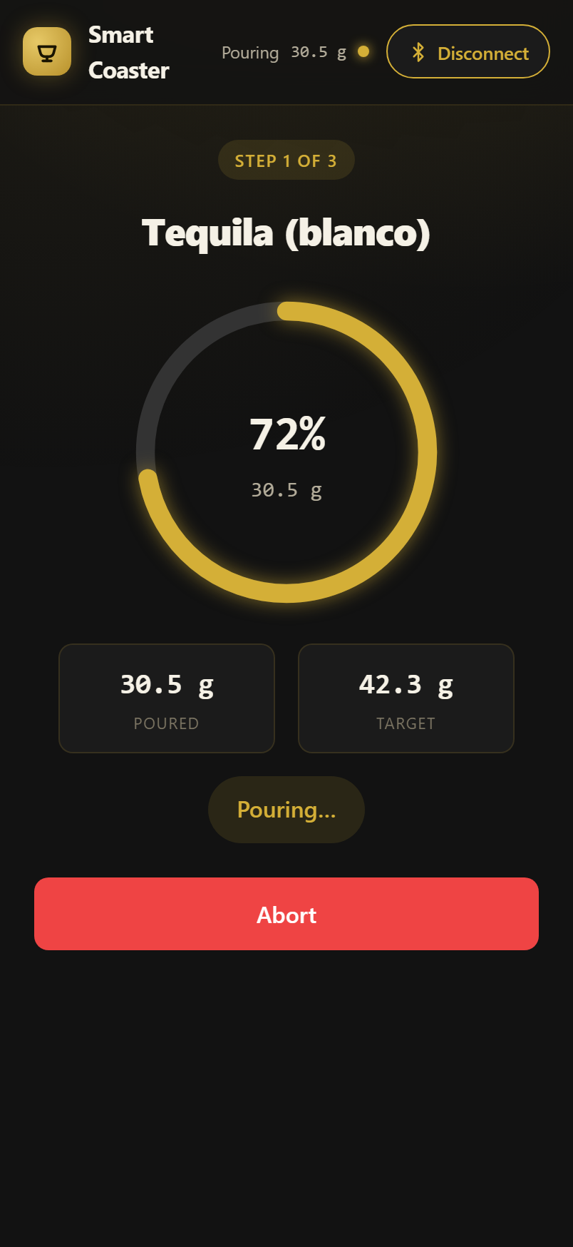 PourPilot app guiding a pour with a live weight ring