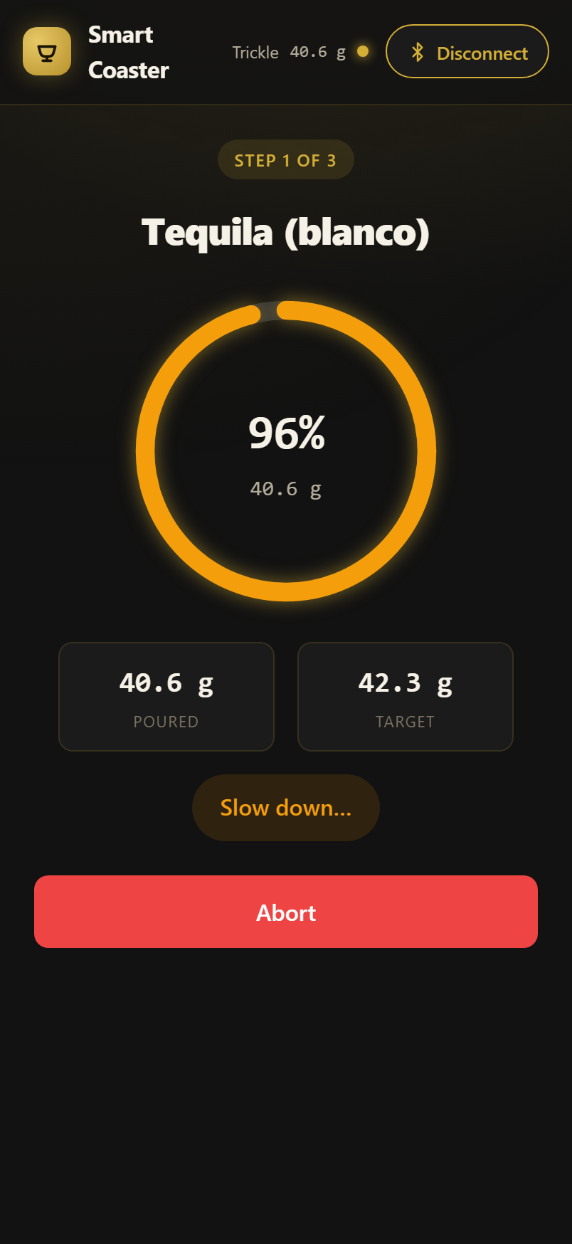 PourPilot app showing the slow-down state near the target amount