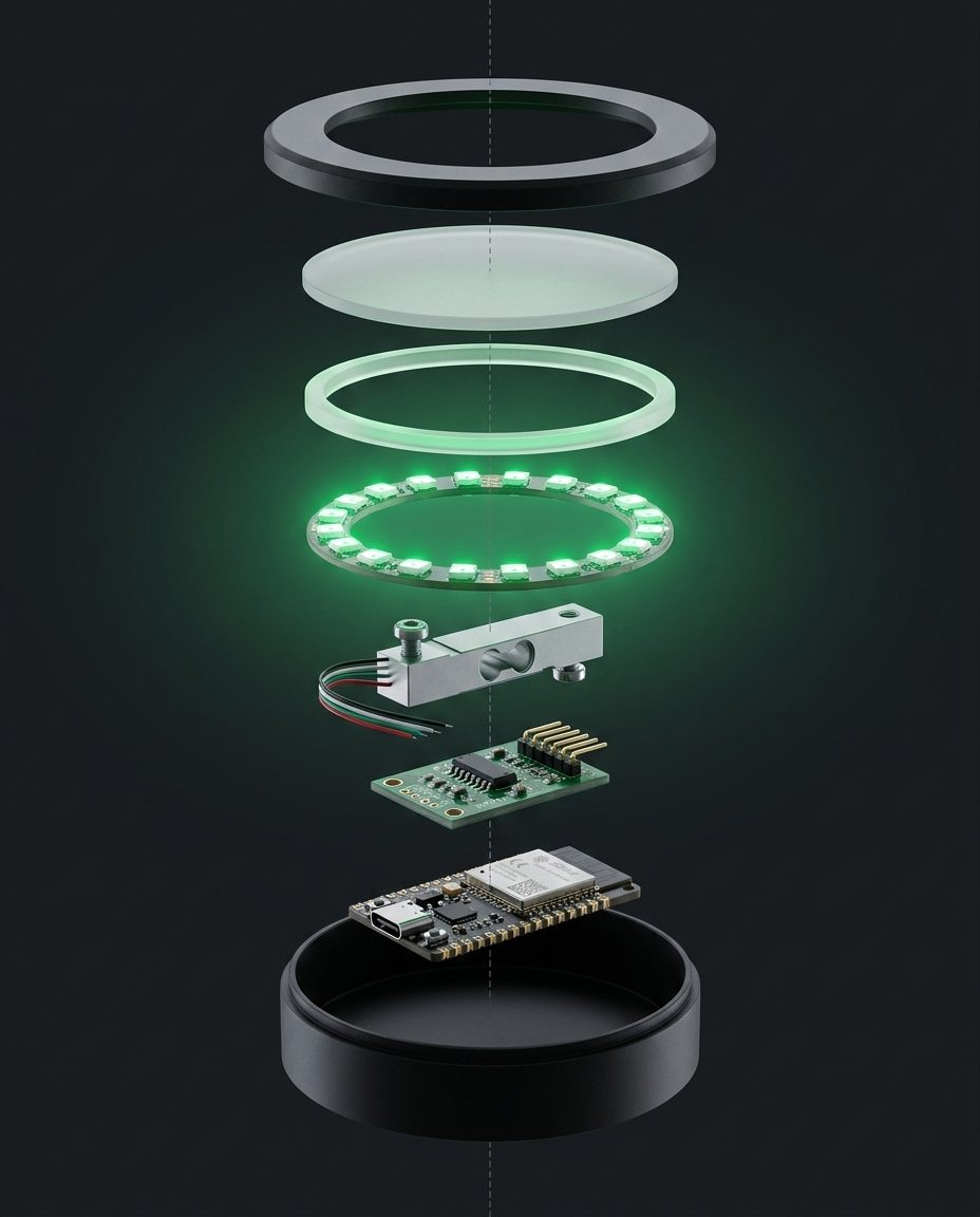 Exploded view of the PourPilot coaster showing the bezel, glass platform, LED ring, load cell, HX711 amplifier and ESP32-C3 board