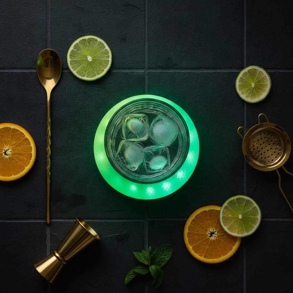 Top-down view of the coaster surrounded by bar tools, citrus and mint