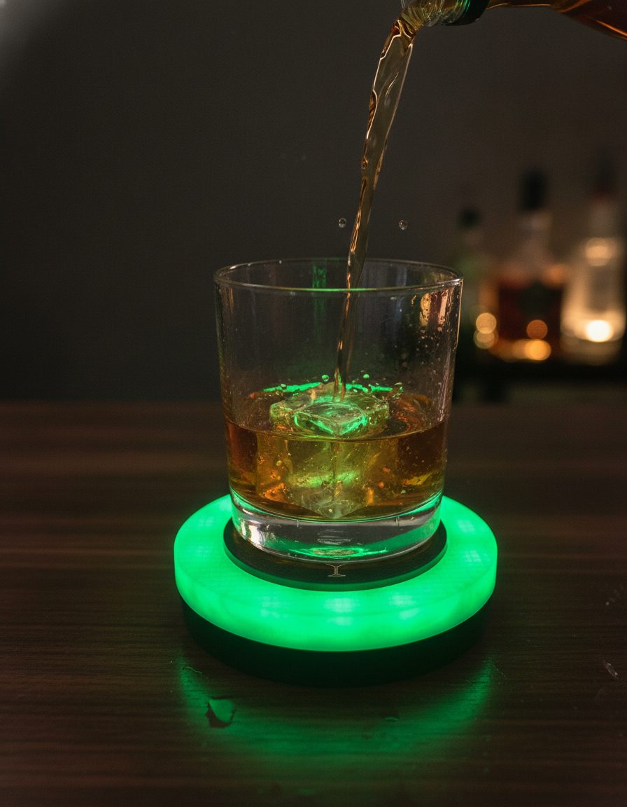 Spirit being poured into a glass on the glowing PourPilot coaster