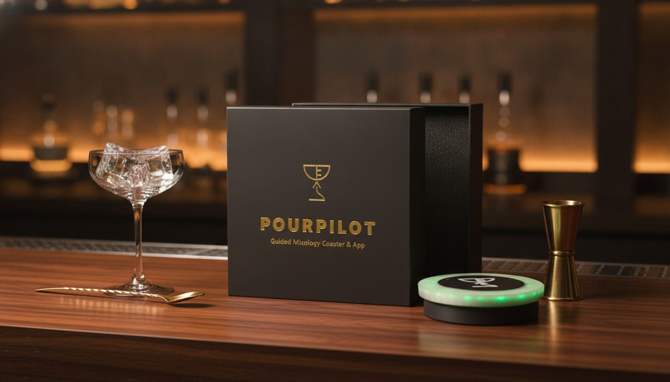 PourPilot gift box with gold-foil logo on a bar counter beside a coupe glass and brass bar tools