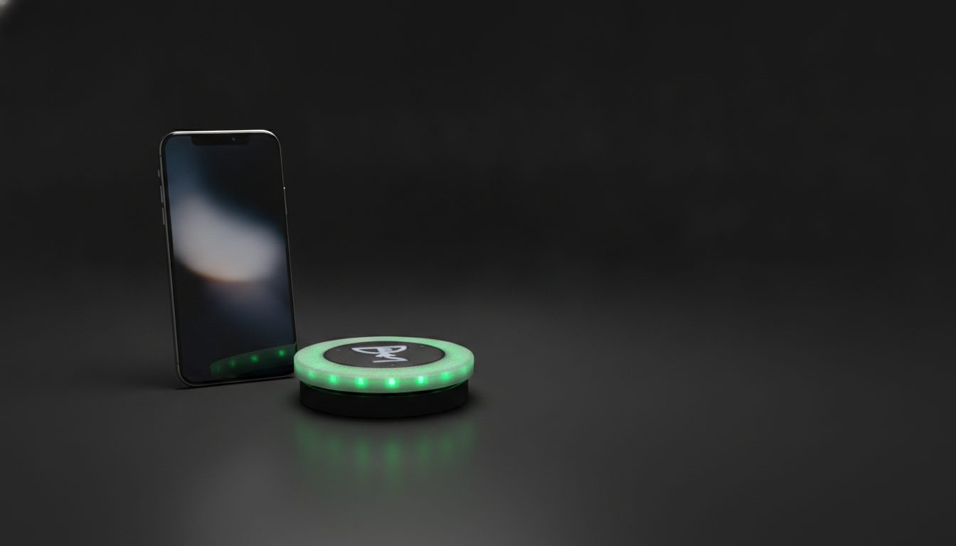 The PourPilot coaster next to a phone running the companion app